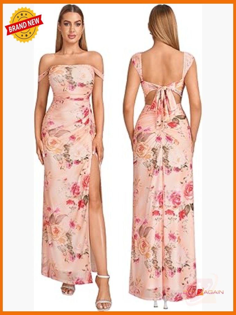 Off The Shoulder Floral Maxi Dress Back Bow Tie Side Slit Ruched Bodycon Formal